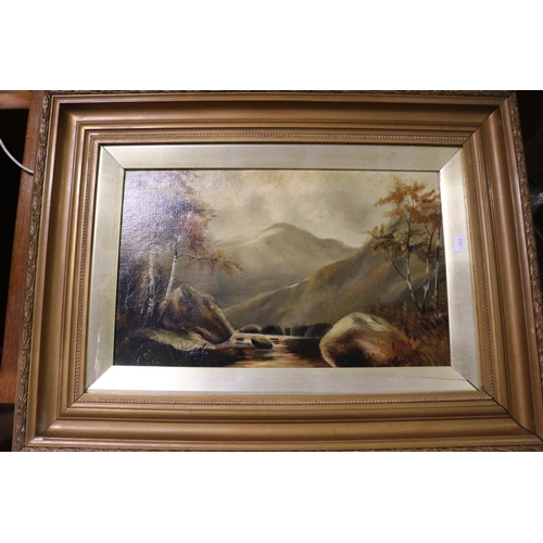 765 - An oil on canvas mountain terrain scene, unsigned, canvas measures approx. 39cm wide by 25cm high