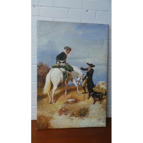 248a - Canvas picture oil on board depicting man on horseback measures approx. 91cm high by 61cm wide