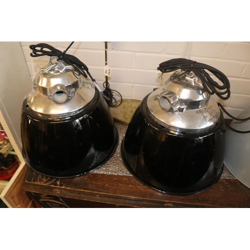 301 - Pair of black painted polished aluminium industrial light pendants/shades (TRADE - Spares or Repairs... 