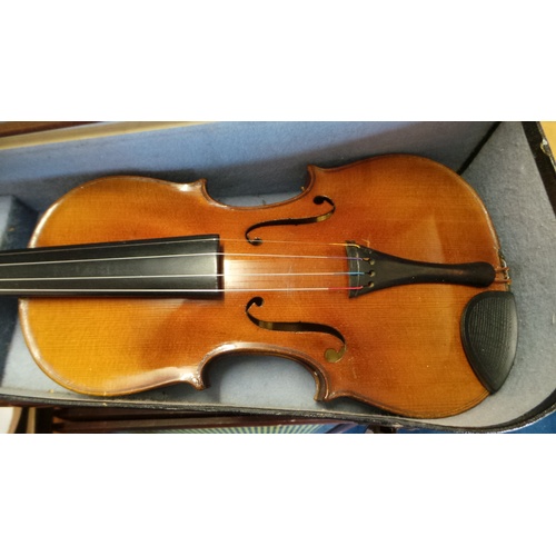 72 - A Full size violin in a Rushworth and Dreaper in fitted case with two bows one marked Roth Glasser.