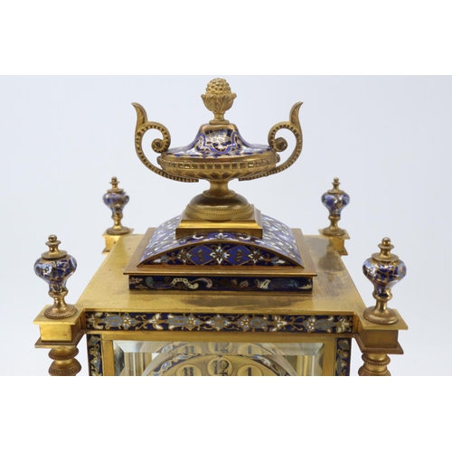129 - Antique gilt and cloisonné decorated mantle clock with pendulum and key