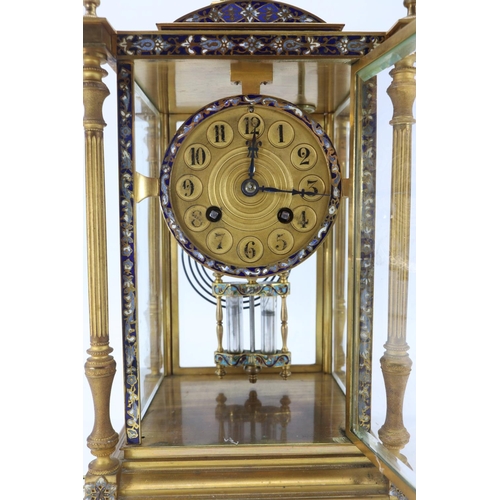 129 - Antique gilt and cloisonné decorated mantle clock with pendulum and key