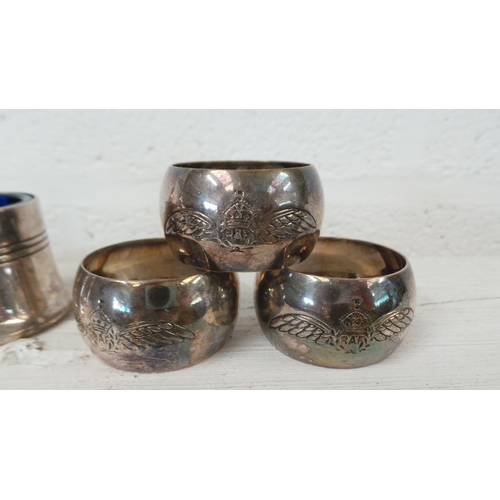 70 - Silver plated RAF napkin rings together with some ex MOD salts and salt tub together with a selectio... 