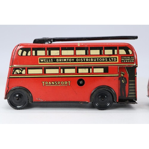 102 - Two Wells Brim toy, tin plate and clockwork vehicles, bus and tram bus