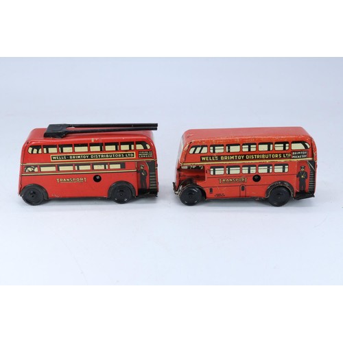 102 - Two Wells Brim toy, tin plate and clockwork vehicles, bus and tram bus