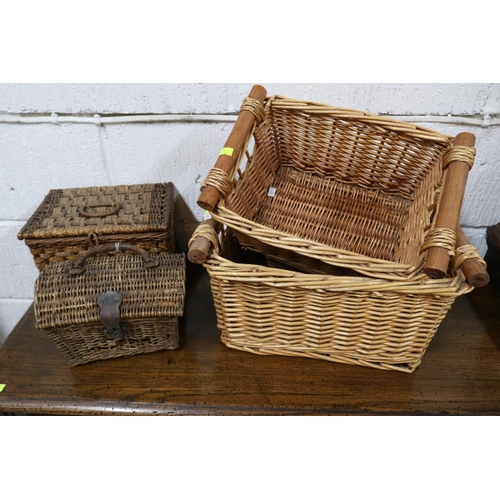 701 - Two vintage wicker baskets with two later