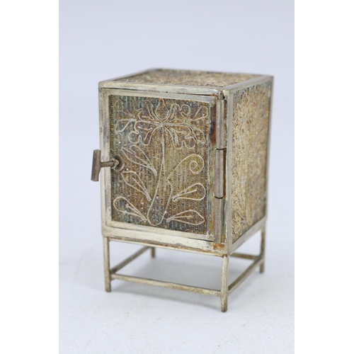 37 - White metal/silver? oriental miniature style cabinet with opening door and fitted sliding drawer ins... 