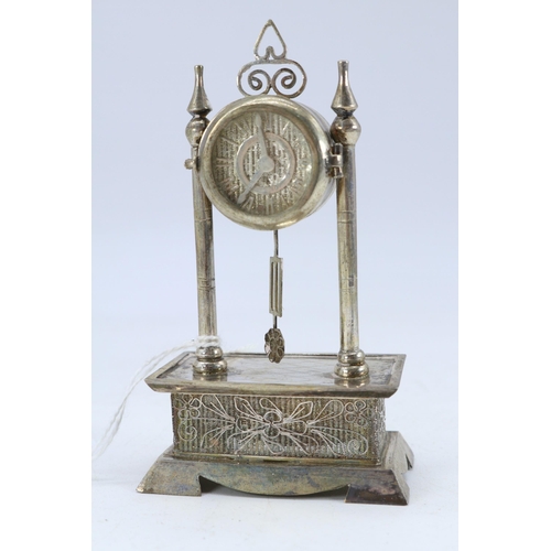 38 - Eastern silver miniature mantle clock with marks to base