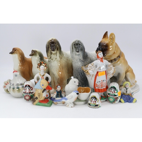 53 - Selection of assorted USSR to include Lomonosov ceramics dogs, figurines, cruet etc