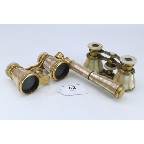 62 - Two pairs of mother of pearl decorated opera glasses together with one handle