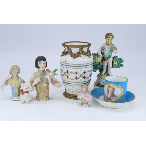 64 - Vintage pin dolls, hand painted porcelain and gilt vase, decorative cup and saucer etc