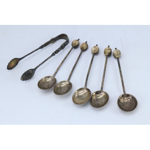 8 - Five silver coffee bean spoons and a pair of silver sugar tongs