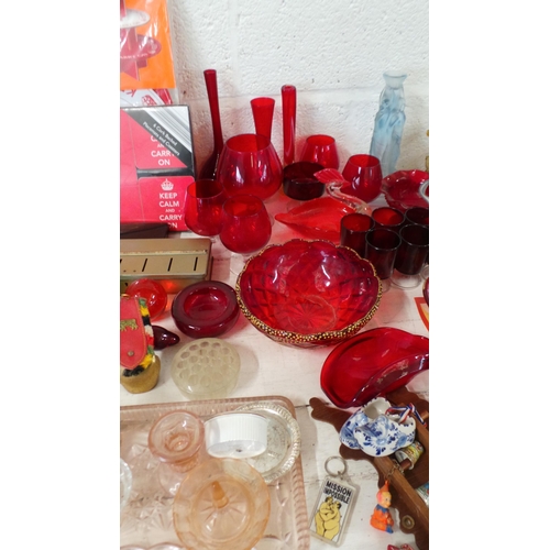 569 - Two carton of mixed house-clearance items including; thimbles, red / cranberry glass, MG posters etc... 
