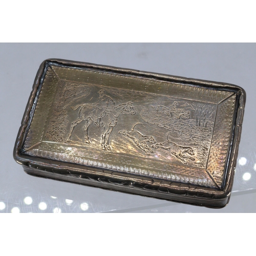 13 - Silver hallmarked, snuff box by Francis Clark decorated engraved Hunting scene weight approx 96g