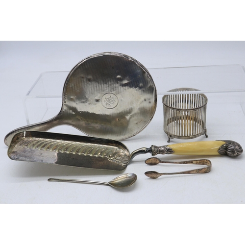 22 - Silver hallmarked vanity hand mirror together with a silver pierced stand missing liner, crumb slide... 