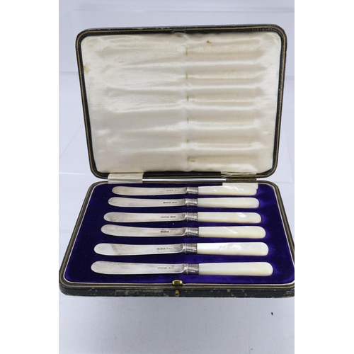 34 - A cased set of six silver bladed fruit knives with mother of pearl handles