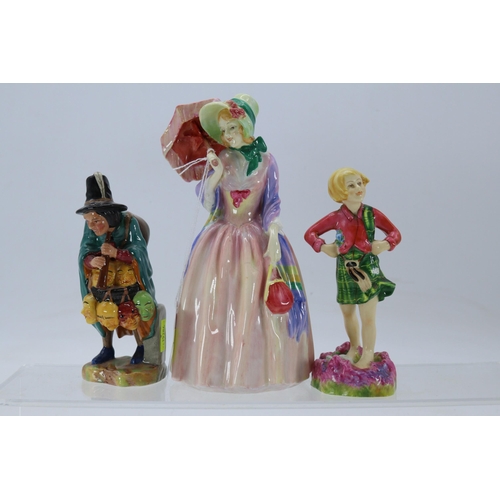 55 - Royal Doulton Miss Demure HN1402 together with Miniature street Vendor Mask Seller and Scotland