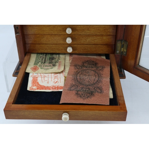 160 - Antique mahogany glazed fronted 8 drawer collectors cabinet full of assorted world and GB coinage