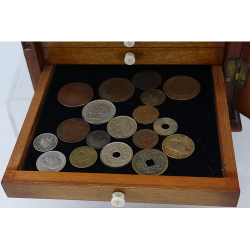 160 - Antique mahogany glazed fronted 8 drawer collectors cabinet full of assorted world and GB coinage