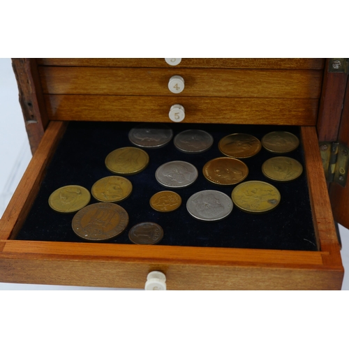 160 - Antique mahogany glazed fronted 8 drawer collectors cabinet full of assorted world and GB coinage