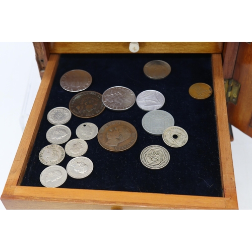 160 - Antique mahogany glazed fronted 8 drawer collectors cabinet full of assorted world and GB coinage