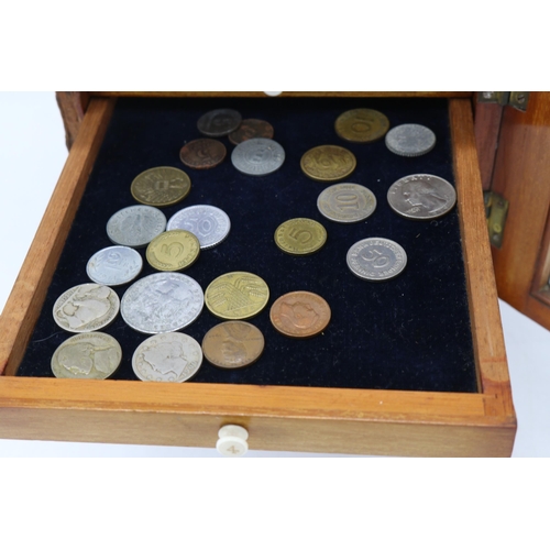 160 - Antique mahogany glazed fronted 8 drawer collectors cabinet full of assorted world and GB coinage