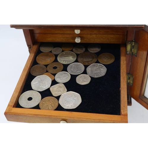 160 - Antique mahogany glazed fronted 8 drawer collectors cabinet full of assorted world and GB coinage