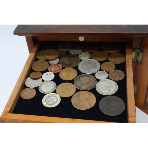 160 - Antique mahogany glazed fronted 8 drawer collectors cabinet full of assorted world and GB coinage