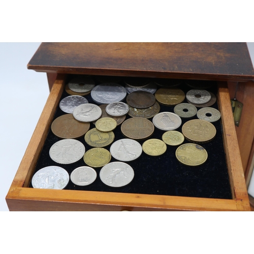 160 - Antique mahogany glazed fronted 8 drawer collectors cabinet full of assorted world and GB coinage