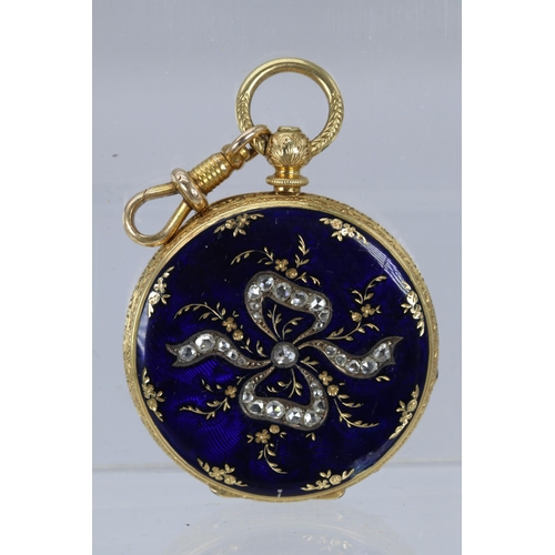 204 - 18ct Gold miniature ladies pocket watch with enamelled back, maker Badollet Geneve