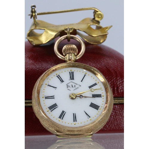 227 - A 14ct gold cased ladies pocketwatch with a gold plated bow (inner movement cover is marked metal)