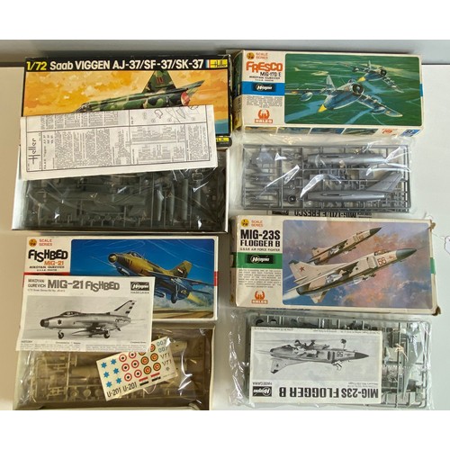 342 - Four boxed model kits 1/72 scale to include Hales Hasegawa MIG-23S Flogger B, MIG-17D/E Mikoyan Gure... 