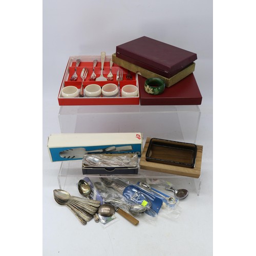 458 - Two antique souvenir boxes together with a selection of silver plated cutlery including a pair of si... 