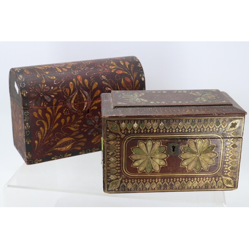 517 - Two antique decorated boxes - a domed wooden German box and a leatherette 