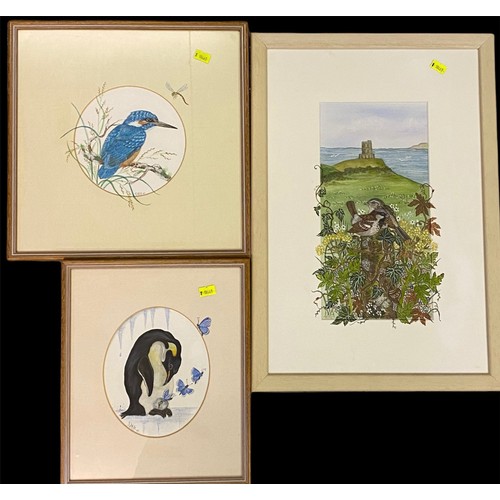 609 - A selection of framed oriental prints together with three framed pictures signed Lara? of a penguin,... 