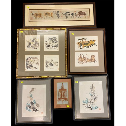 609 - A selection of framed oriental prints together with three framed pictures signed Lara? of a penguin,... 