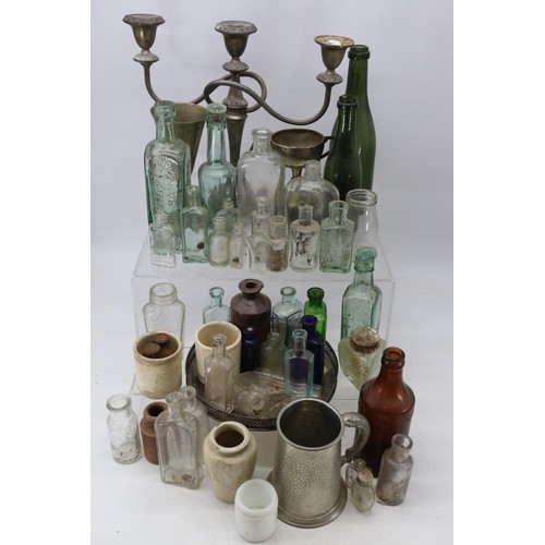 655 - Selection of vintage bottles, plated cups, quantity of Atlas Kilner style jars and covers and other ... 