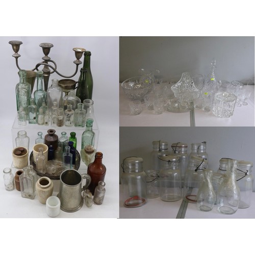 655 - Selection of vintage bottles, plated cups, quantity of Atlas Kilner style jars and covers and other ... 