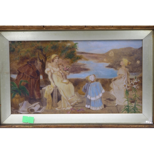 129 - Antique continental painting in gilt frame, depicting a lady and others on a veranda