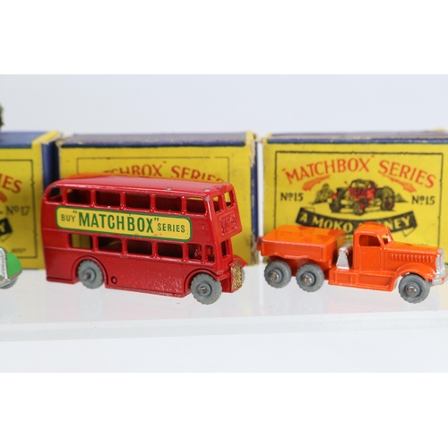 180 - Five Matchbox, Moko, Lesney vehicles nos 1 13, 17, 5 15 and one unboxed