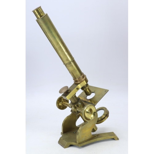 240 - Antique solid brass microscope, in glass fronted mahogany case, comes with spare eye pieces. Also a ... 