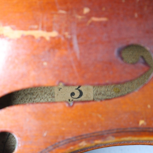 296 - Cased violin, small makers of a lyer mark inside ? Timberville (vendor advises)