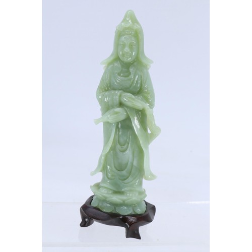 245 - Chinese jade figurine Immortal on wooden base together with another jade figurine on wooden stand.