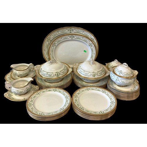 406 - Quantity of antique dinner ware decorated with gilt edges by Cetem ware, together with an antique br... 