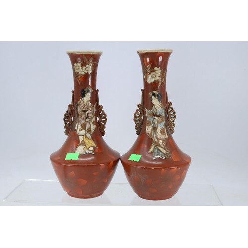 422 - A pair of antique Japanese satsuma bottle neck vases (showing damage and water marks) together with ... 