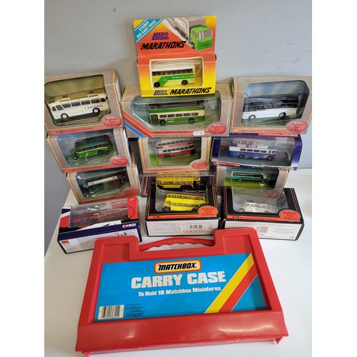 614 - Quantity of boxed vehicles to include Lledo, Corgi and a Matchbox carry case etc