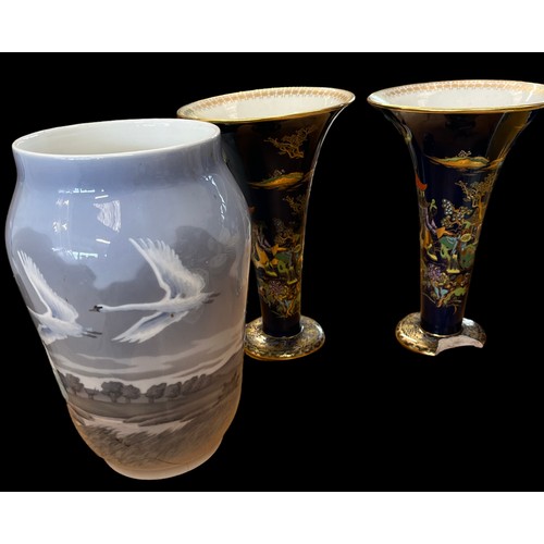 64 - A pair of Carlton Ware lutre vases, both with damage, a Copenhagen vase - repaired, a musical Toby j... 