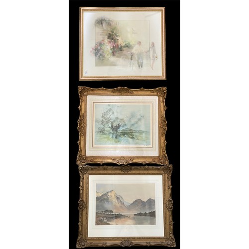 109 - Pair of Oriental silk floral framed pictures together with a framed pencil signed Sturgen print, Wil... 