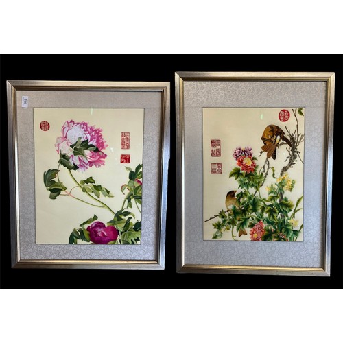 109 - Pair of Oriental silk floral framed pictures together with a framed pencil signed Sturgen print, Wil... 