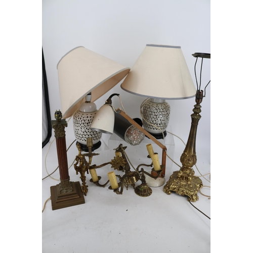 17 - A selection of lights; anglepoise, table lamps, ceiling and wall. TRADE - SPARES OR REPAIRS. (inside... 